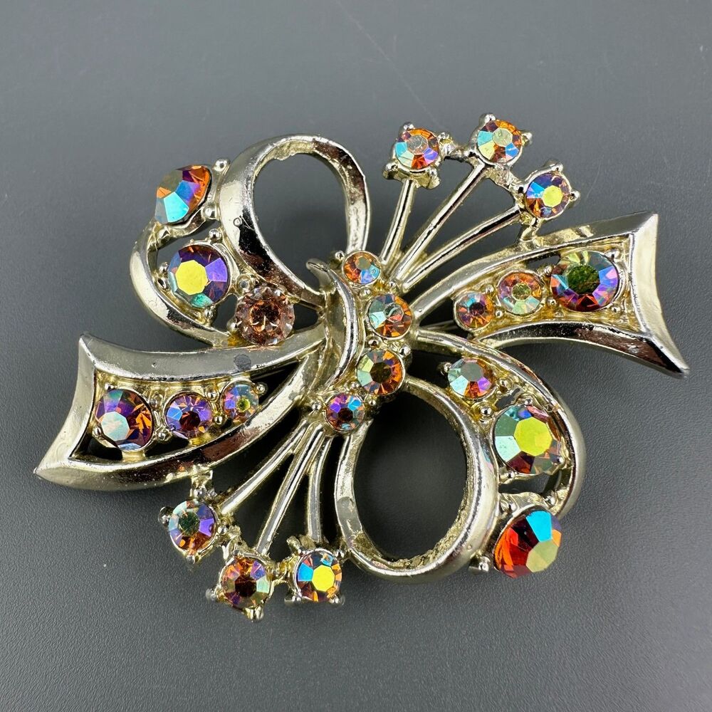 Vintage Rhinestone Brooch Ribbon Bow Gold Tone Orange Aurora Borealis Crystals